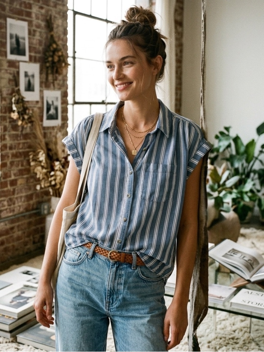Japna Blue & White Striped in Short Sleeve Button-Down Blouse - Size M